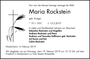 Traueranzeige von Maria Rockstein von Schwetzinger Zeitung