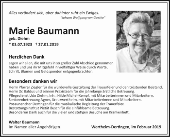 Traueranzeige von Marie Baumann von Fränkische Nachrichten