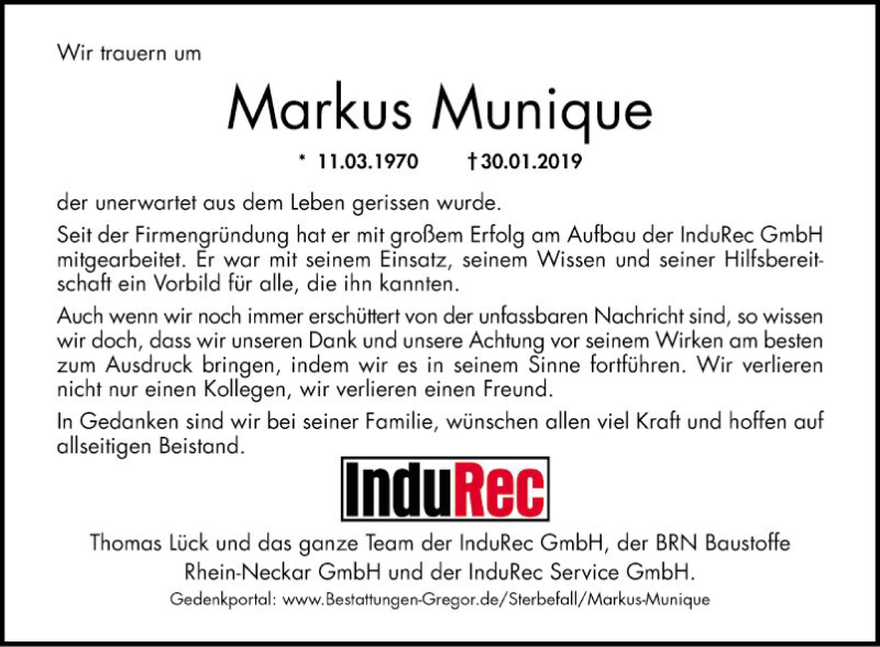  Traueranzeige für Markus Munique vom 02.02.2019 aus Mannheimer Morgen