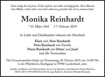 Traueranzeige von Monika Reinhardt von Fränkische Nachrichten