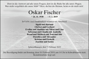 Traueranzeige von Oskar Fischer von Fränkische Nachrichten