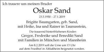 Traueranzeige von Oskar Sand von Mannheimer Morgen