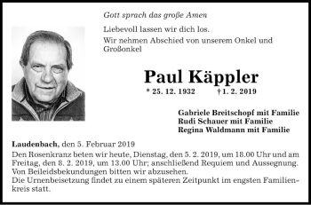 Traueranzeige von Paul Käppler von Fränkische Nachrichten