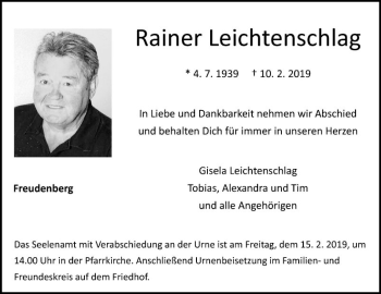 Traueranzeige von Rainer Leichtenschlag von Fränkische Nachrichten