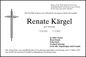 Traueranzeige von Renate Kärgel von Mannheimer Morgen