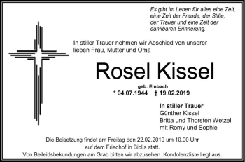 Traueranzeige von Rosel Kissel von Südhessen Morgen