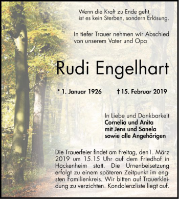 Traueranzeige von Rudi Engelhart von Schwetzinger Zeitung