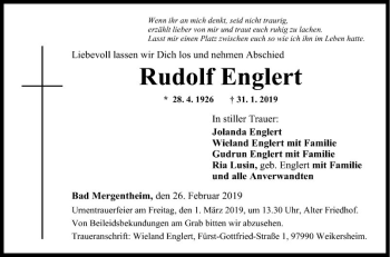 Traueranzeige von Rudolf Englert von Fränkische Nachrichten