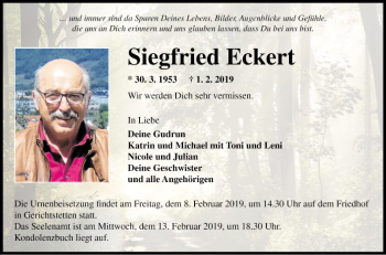 Traueranzeige von Siegfried Eckert von Fränkische Nachrichten