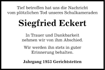 Traueranzeige von Siegfried Eckert von Fränkische Nachrichten