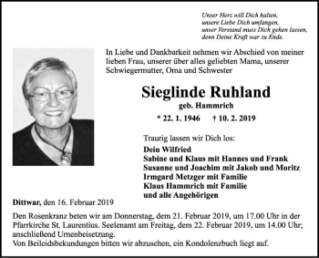 Traueranzeige von Sieglinde Ruhland von Fränkische Nachrichten