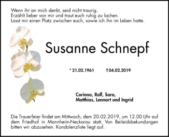 Traueranzeige von Susanne Schnepf von Mannheimer Morgen