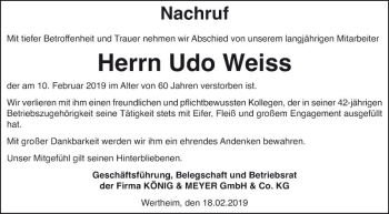 Traueranzeige von Udo Weiss von Fränkische Nachrichten