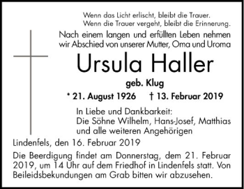 Traueranzeige von Ursula Haller von Bergsträßer Anzeiger