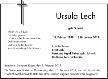 Traueranzeige von Ursula Lech von Bergsträßer Anzeiger