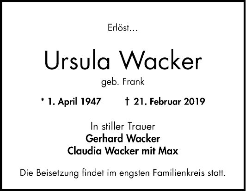  Traueranzeige für Ursula Wacker vom 23.02.2019 aus Mannheimer Morgen