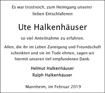 Traueranzeige von Ute Halkenhäuser von Mannheimer Morgen