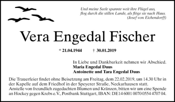 Traueranzeige von Vera Engedal Fischer von Mannheimer Morgen