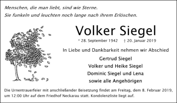 Traueranzeige von Volker Siegel von Mannheimer Morgen