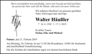 Traueranzeige von Walter Häußler von Fränkische Nachrichten