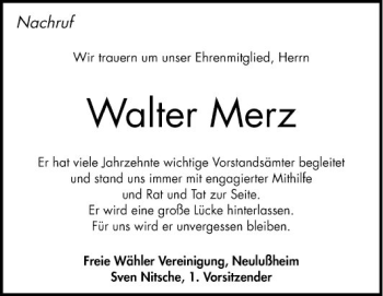 Traueranzeige von Walter Merz von Schwetzinger Zeitung