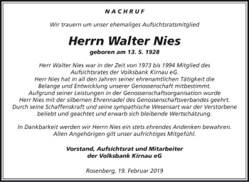 Traueranzeige von Walter Nies von Fränkische Nachrichten