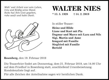 Traueranzeige von Walter Nies von Fränkische Nachrichten