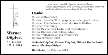 Traueranzeige von Werner Döpfert von Fränkische Nachrichten