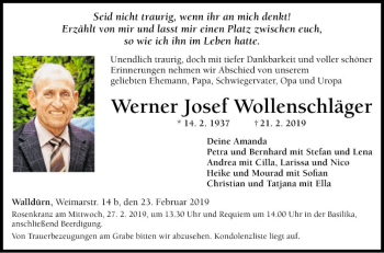 Traueranzeige von Werner Josef Wollenschläger von Fränkische Nachrichten