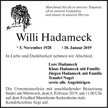 Traueranzeige von Willi Hadameck von Mannheimer Morgen