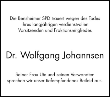 Traueranzeige von Wolfgang Johannsen von Bergsträßer Anzeiger