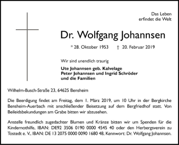 Traueranzeige von Wolfgang Johannsen von Bergsträßer Anzeiger