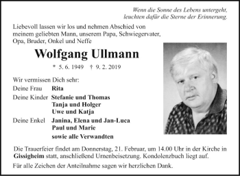 Traueranzeige von Wolfgang Ullmann von Fränkische Nachrichten