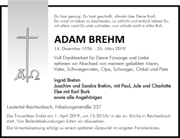 Traueranzeige von Adam Brehm von Bergsträßer Anzeiger