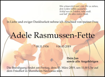 Traueranzeige von Adele Rasmussen-Fette von Mannheimer Morgen