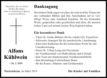 Traueranzeige von Alfons Kühlwein von Fränkische Nachrichten