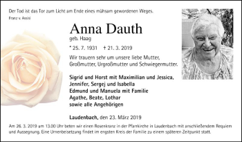 Traueranzeige von Anna Dauth von Fränkische Nachrichten