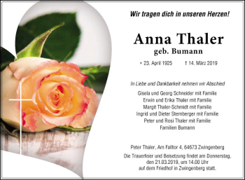 Traueranzeige von Anna Thaler von Bergsträßer Anzeiger