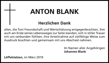 Traueranzeige von Anton Blank von Fränkische Nachrichten