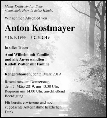 Traueranzeige von Anton Kostmayer von Fränkische Nachrichten