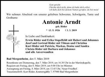 Traueranzeige von Antonie Arndt von Fränkische Nachrichten