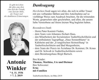 Traueranzeige von Antonie Winkler von Fränkische Nachrichten