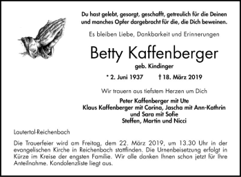 Traueranzeige von Betty Kaffenberger von Bergsträßer Anzeiger