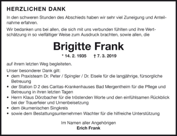 Traueranzeige von Brigitte Frank von Fränkische Nachrichten