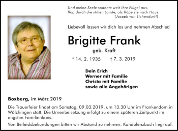 Traueranzeige von Brigitte Frank von Fränkische Nachrichten