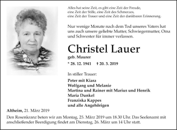 Traueranzeige von Christel Lauer von Fränkische Nachrichten