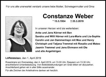 Traueranzeige von Constanze Weber von Fränkische Nachrichten