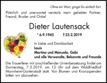 Traueranzeige von Dieter Lautensack von Mannheimer Morgen