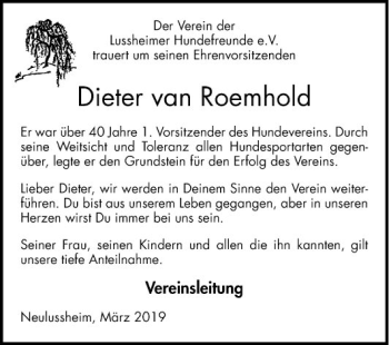 Traueranzeige von Dieter van Roemhold von Schwetzinger Zeitung