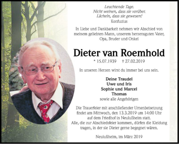 Traueranzeige von Dieter van Roemhold von Schwetzinger Zeitung